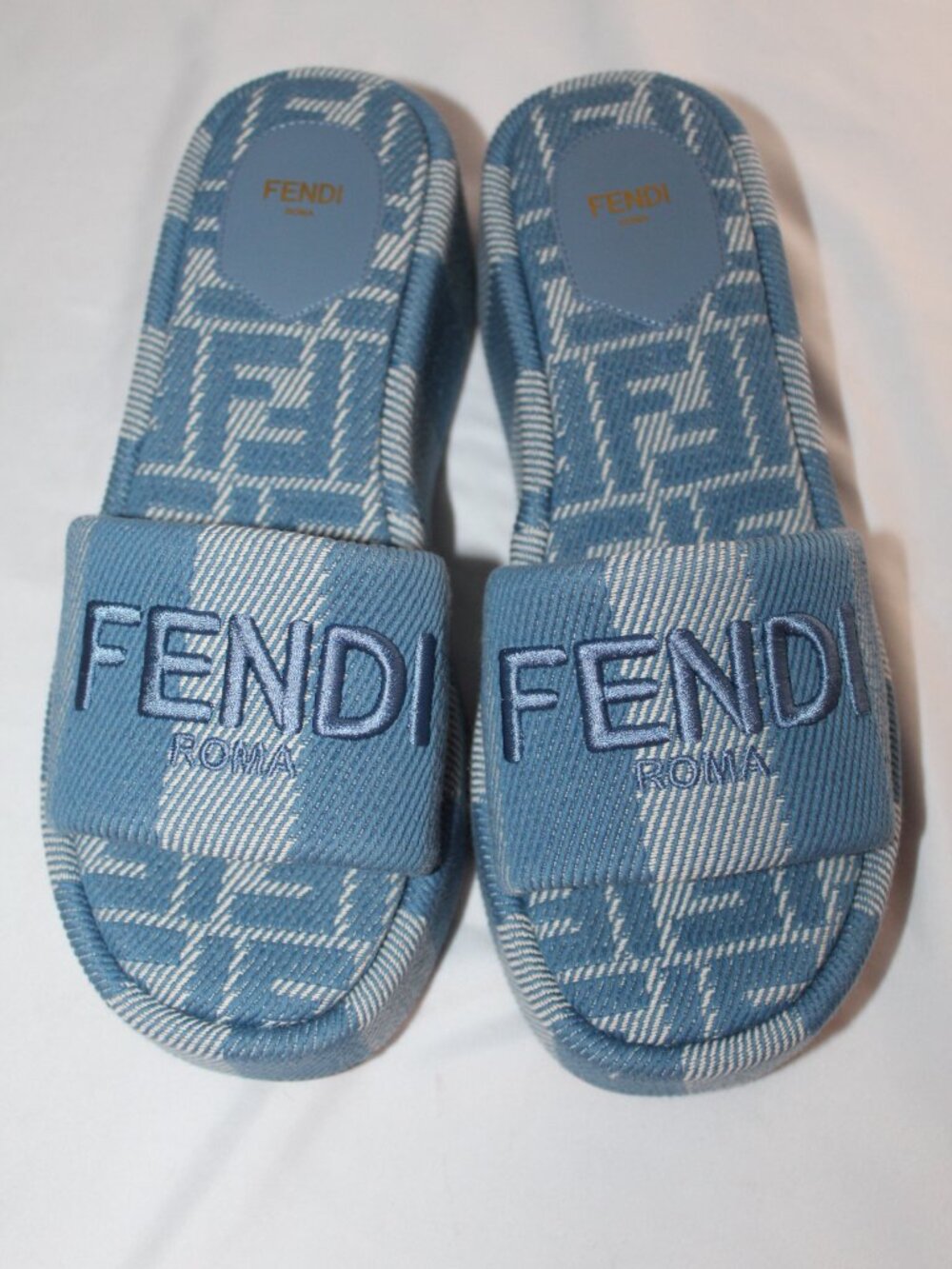NWOB FENDI Sunshine Slides Logo Blue Denim Striped Platform Sandals 38.5